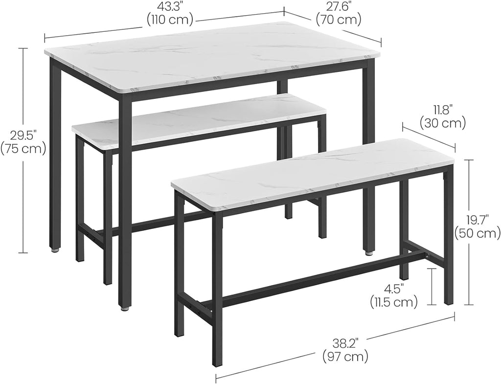 VASAGLE Masa de bar cu 2 banci, design industrial, 110x70x75 cm, alb marmura