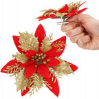 Set 10 ornamente pentru bradul de Craciun, stea Poinsettia, 14cm, rosu auriu