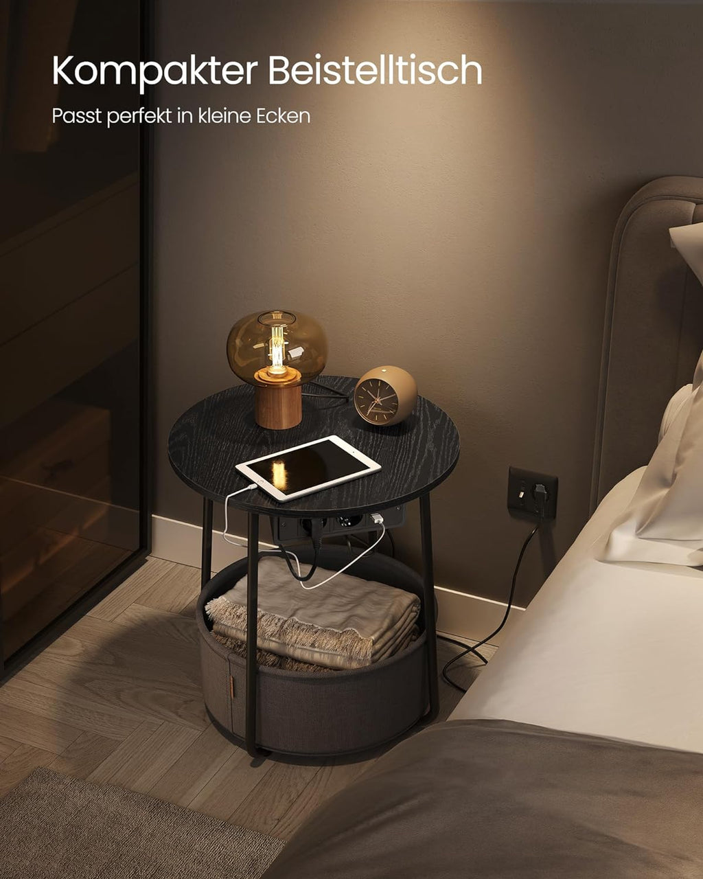 VASAGLE Masuta de cafea rotunda cu cos de stofa, statie de incarcare 2 prize si 2 USB, 45x50cm, negru