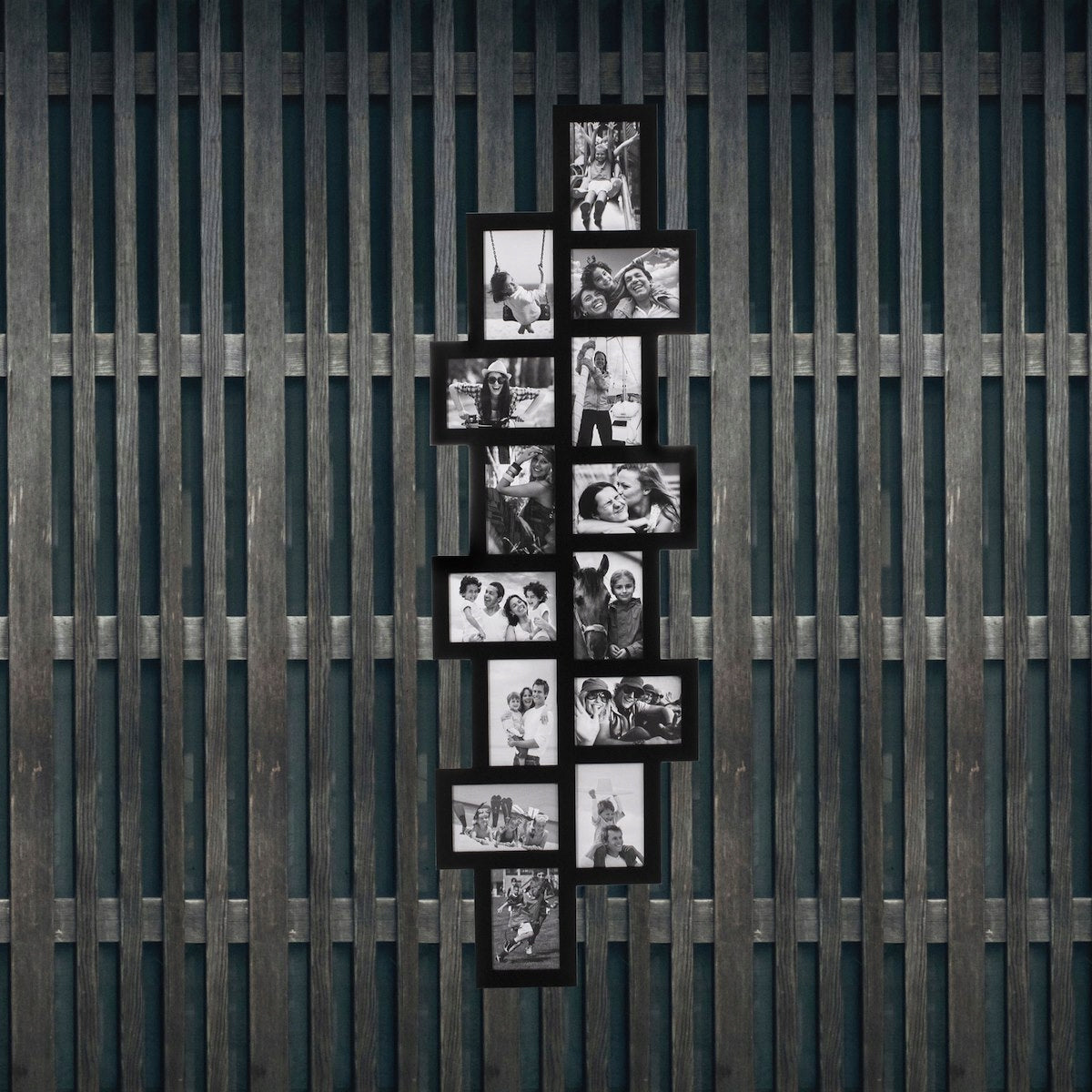 Rama foto de perete, colaj de 14 fotografii, 36x118cm, negru