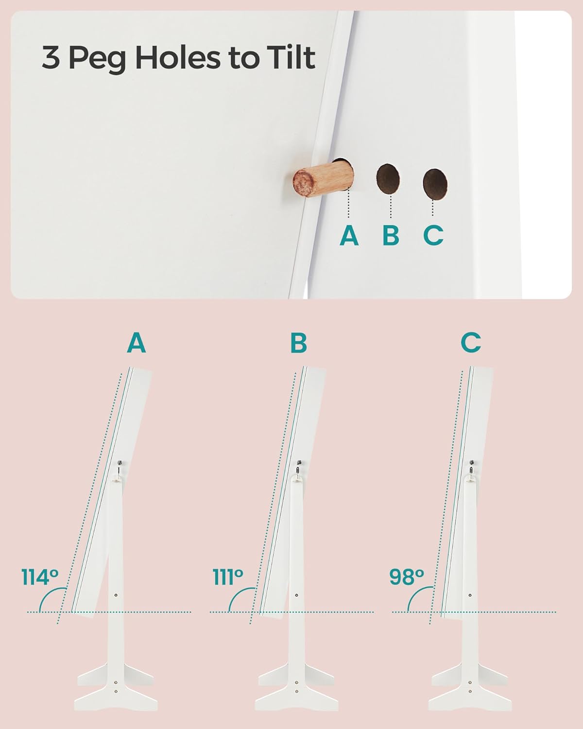 SONGMICS Oglinda de podea cu suport, din MDF, spatiu de depozitare, 41x37x152 cm, alb