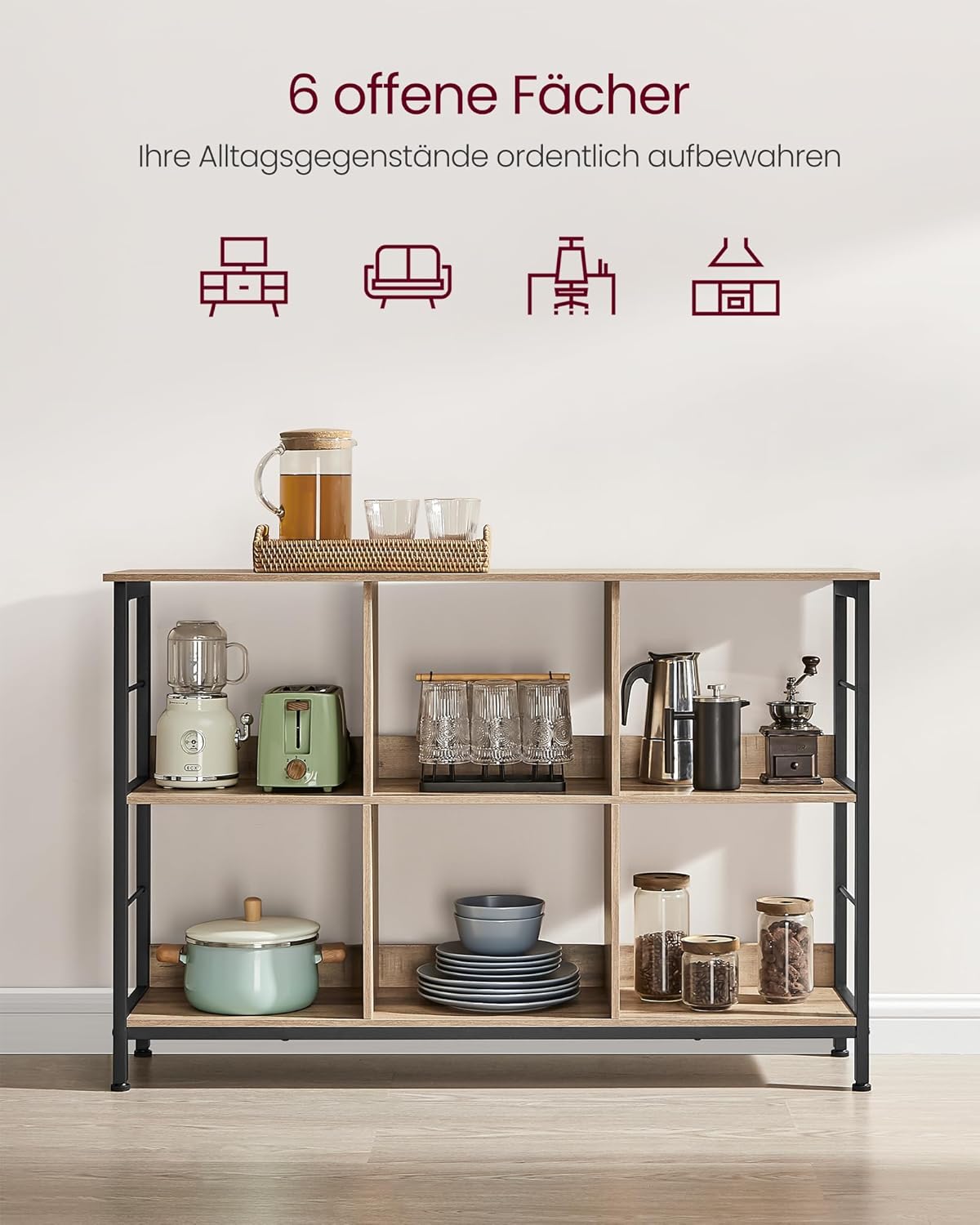 VASAGLE Biblioteca, raft cu 6 unitati de depozitare, din lemn, 33x120x80 cm, gri stejar