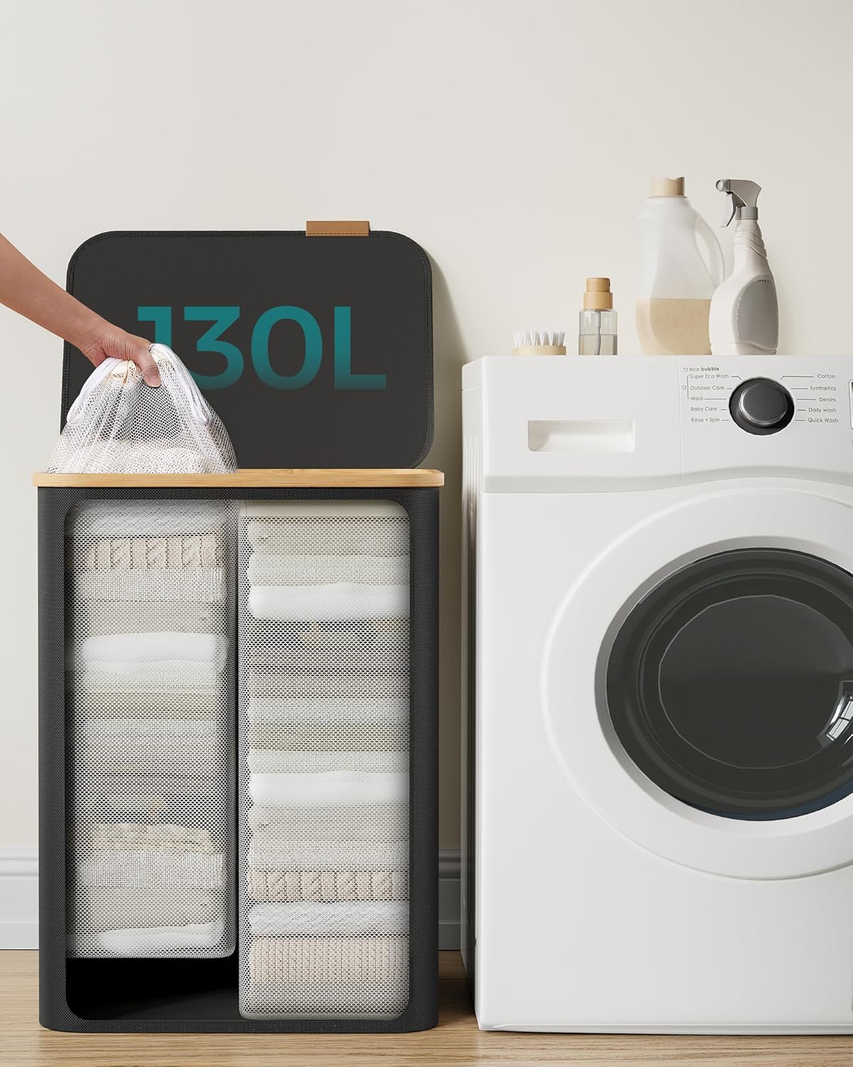 SONGMICS Cos de rufe textil, pliabil, cu 2 compartimente detasabile, 130L, 52x39x71 cm, negru