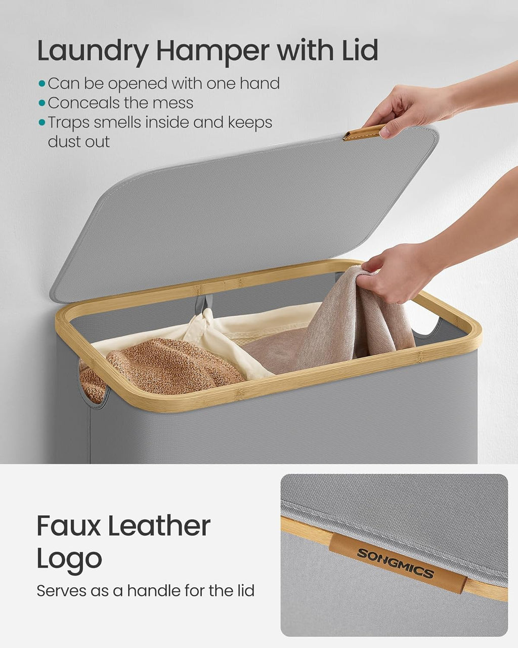 SONGMICS Cos de rufe textil, pliabil, cu 2 compartimente detasabile, 130L, 52x39x71 cm, gri