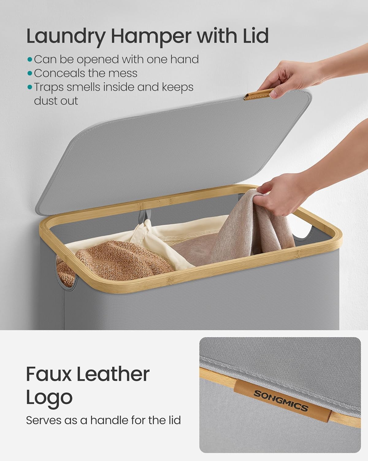 SONGMICS Cos de rufe textil, pliabil, cu 2 compartimente detasabile, 130L, 52x39x71 cm, gri