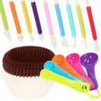 Set patiserie cu platou rotativ si 4 tavi de copt, 345 piese cu sabloane pentru ornarea prajiturilor