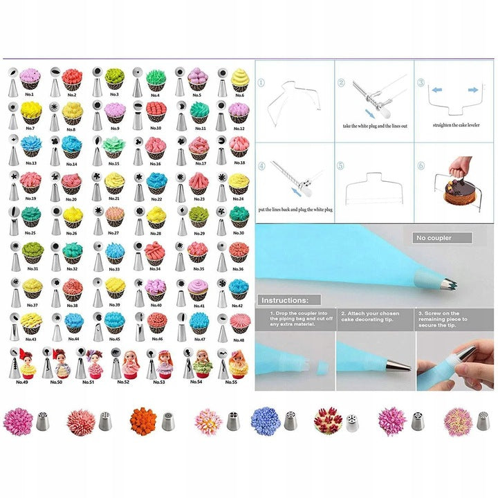 Set patiserie cu platou rotativ, 137 piese cu sabloane pentru ornarea prajiturilor