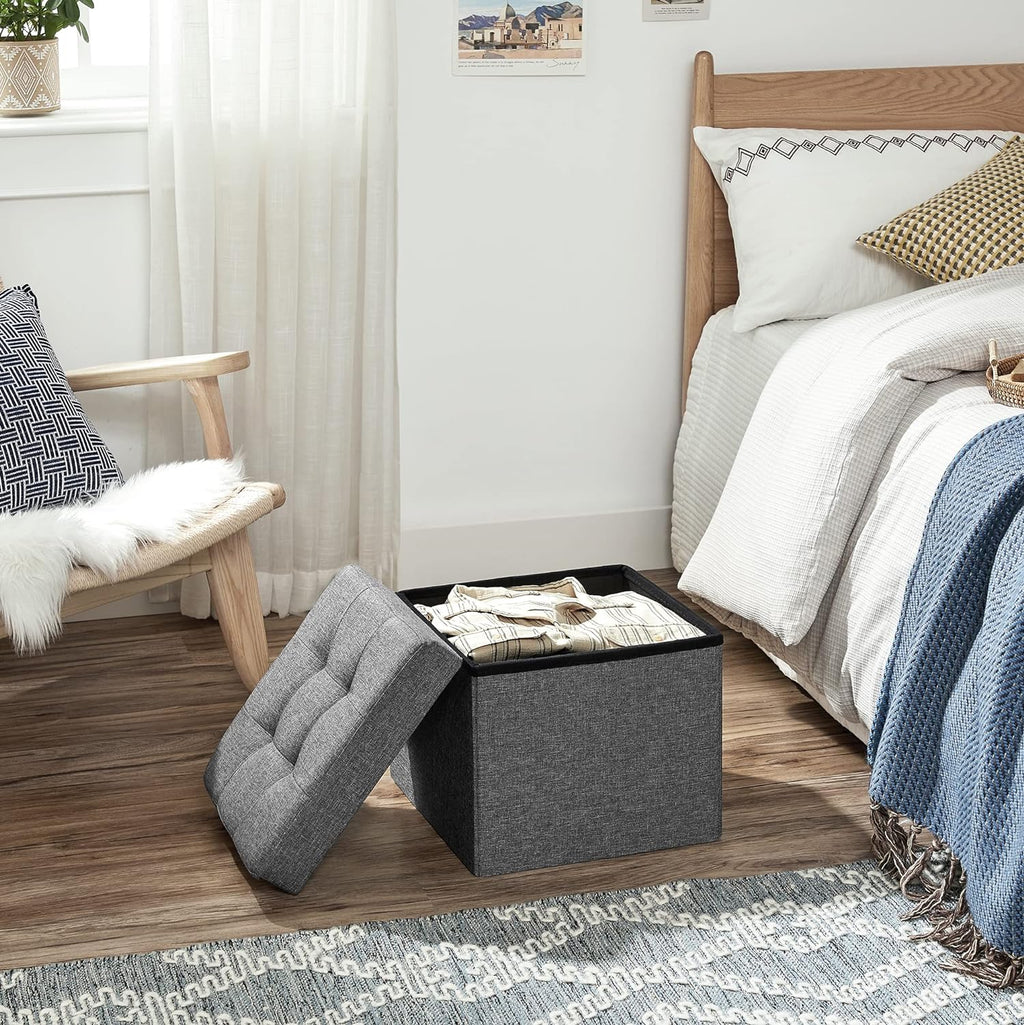 SONGMICS Taburet cu sezut moale, spatiu de depozitare, maxim 300kg, 38x38x38cm, gri inchis