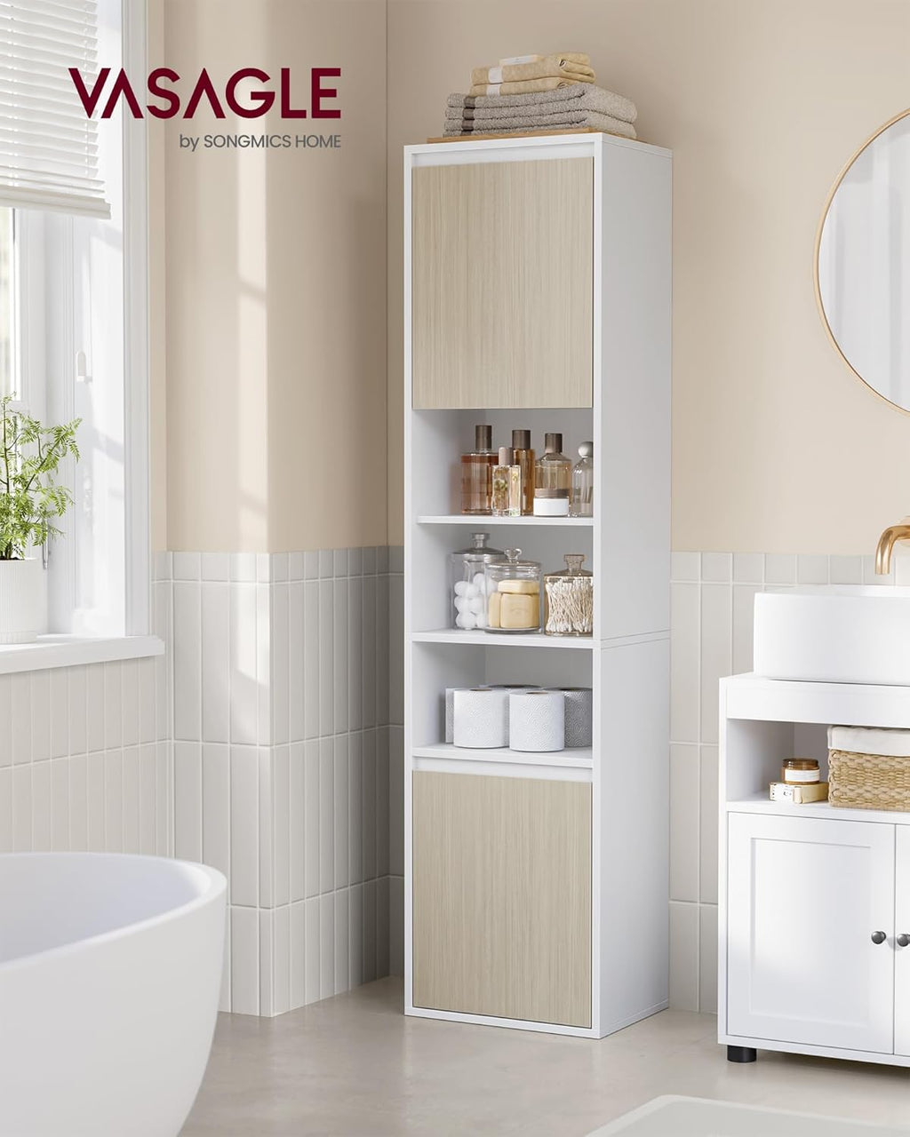 VASAGLE Dulap baie cu montare pe podea sau perete, 7 compartimente, 30x40x160 cm, alb bej