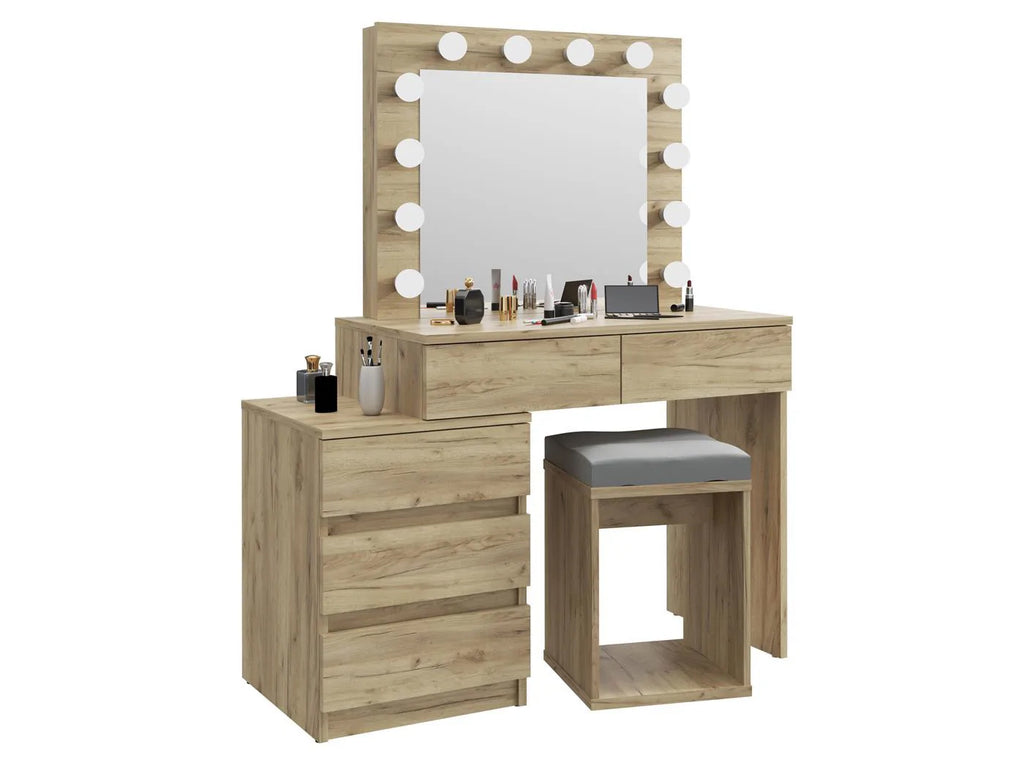 Masa de toaleta si machiaj Adele cu 5 sertare si oglinda 12 LED, 113x47x142 cm, craft