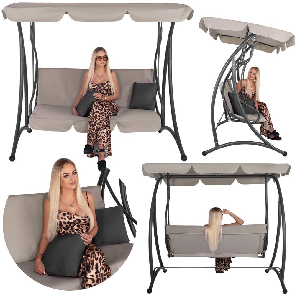Leagan de gradina 190x115x176 cm, pentru 3 persoane, copertina reglabila, perne incluse, cadru otel si material impermeabil, bej