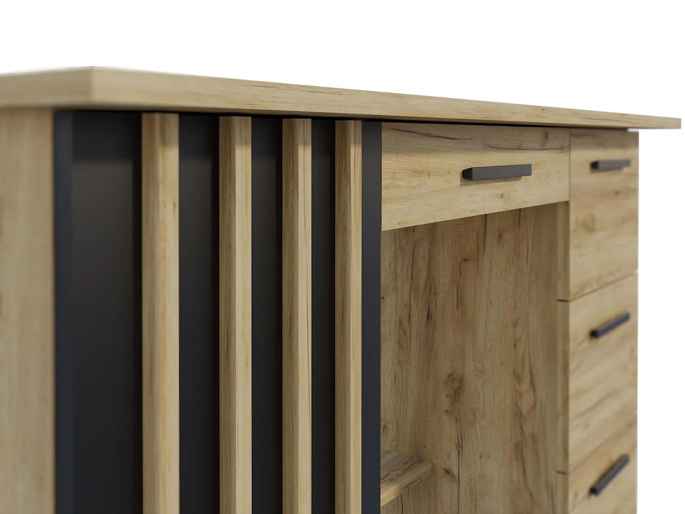 Birou Montana B120 cu 4 sertare si 1 usa, 120x45x76 cm, stejar craft si negru