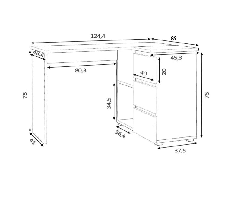 Birou colt Norge cu 3 sertare si 2 rafturi, 124x89x75 cm, alb si stejar