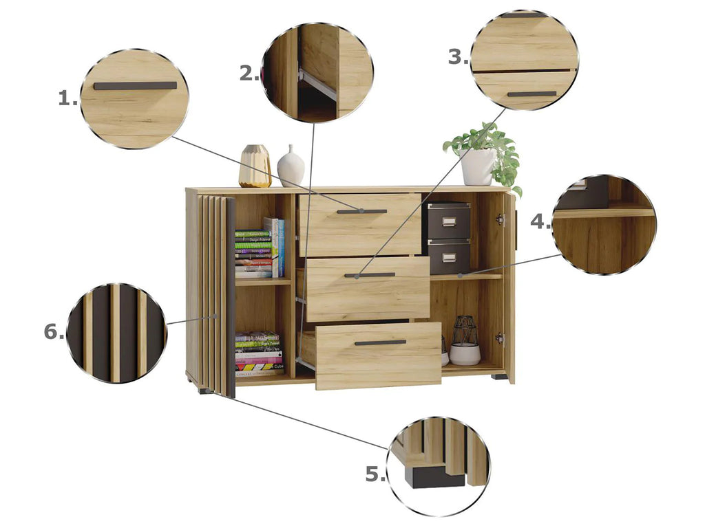 Comoda moderna cu 3 sertare si 2 usi, 140x38x80 cm, finisaj negru craft