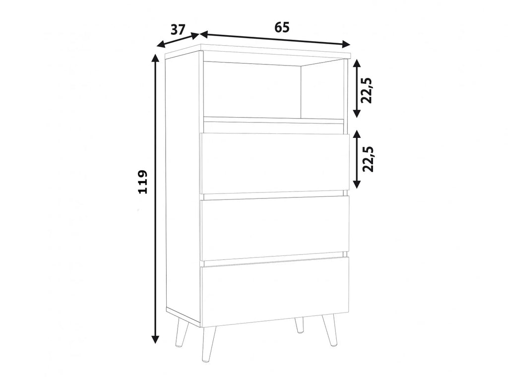 Comoda biblioteca Norge 03 cu 3 sertare si raft deschis, 65x37x119 cm, alb si stejar craft