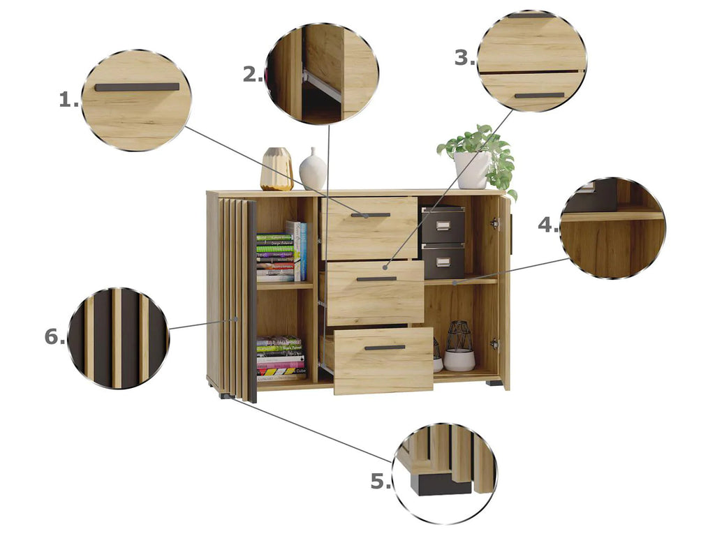 Comoda Montana 120 cu 2 usi si 3 sertare, 120x37x80 cm, craft si negru