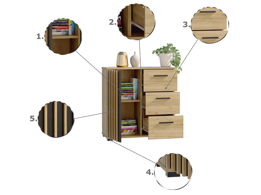 Comoda Montana 80 cu 3 sertare si 1 usa, 81x37x80 cm, negru si stejar craft