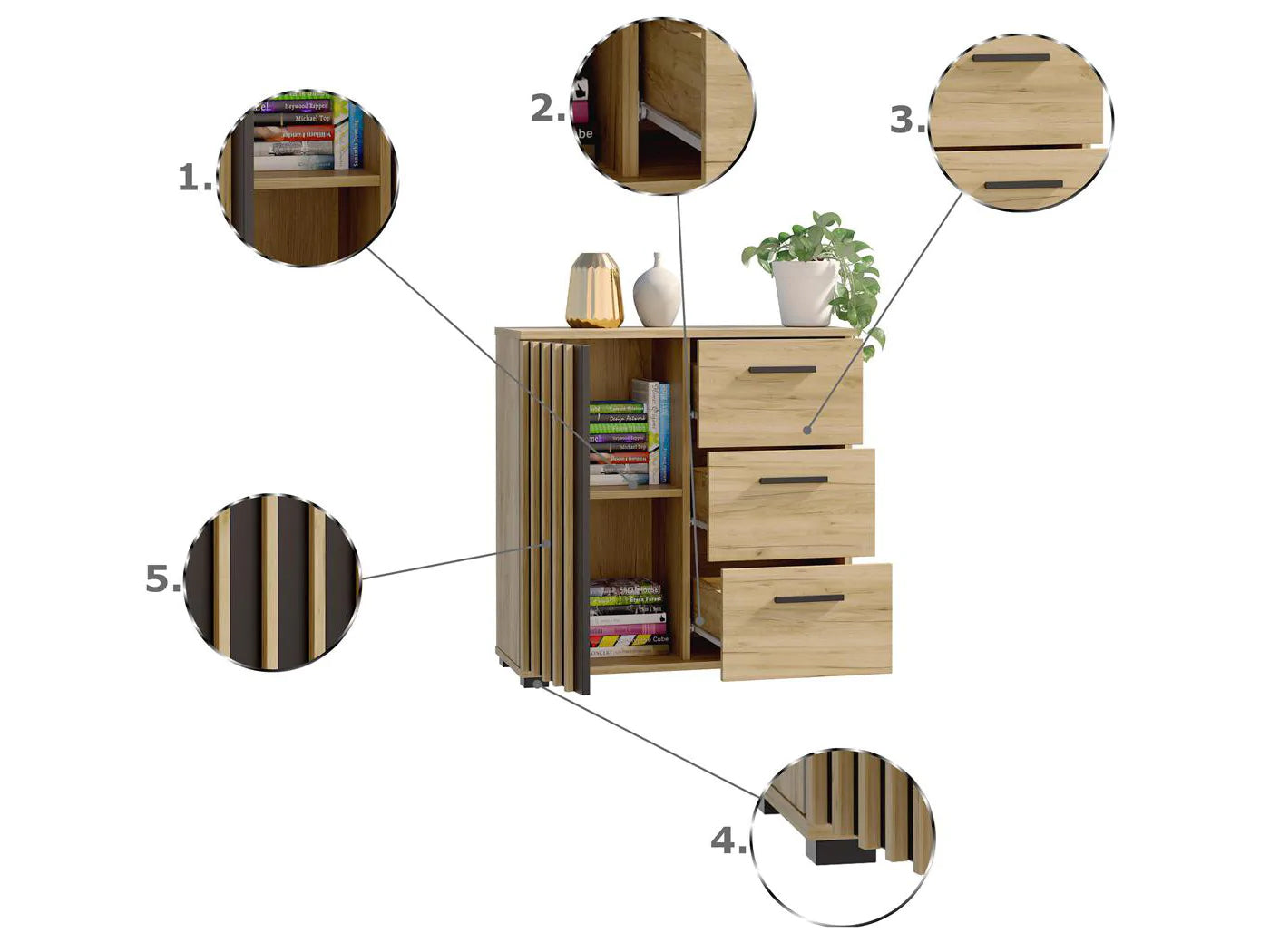 Comoda Montana 80 cu 3 sertare si 1 usa, 81x37x80 cm, negru si stejar craft