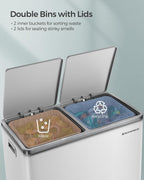 SONGMICS Cos gunoi dublu 59x32x65 cm, 2x30L, cu pedale si galeata detasabila, alb