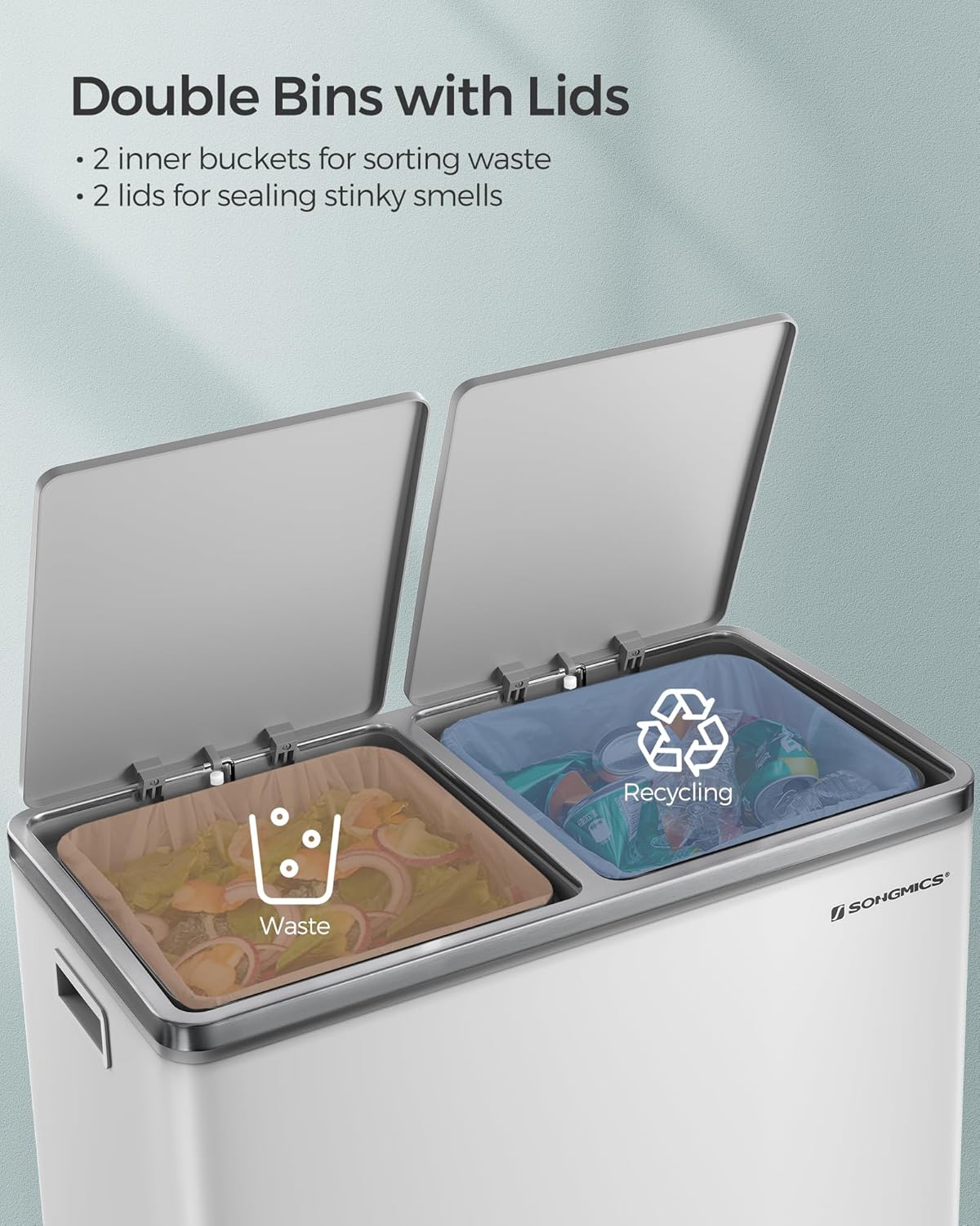 SONGMICS Cos gunoi dublu 59x32x65 cm, 2x30L, cu pedale si galeata detasabila, alb