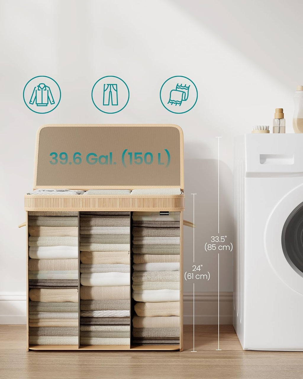 SONGMICS Cos rufe 63x42x61 cm, 150L, pliabil cu capac si sac lavabil, bambus si textil, bej natur