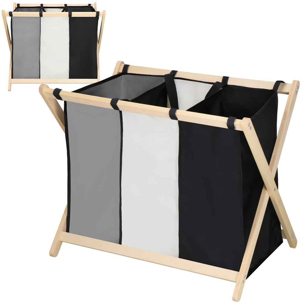 Cos de rufe cu 3 compartimente, cadru din lemn, 67x42x57 cm, 105 litri