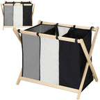 Cos de rufe cu 3 compartimente, cadru din lemn, 67x42x57 cm, 105 litri