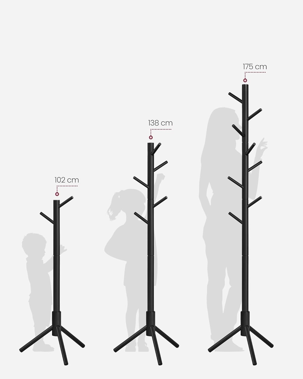 VASAGLE Cuier lemn masiv 47x47x175 cm, 8 carlige si inaltime reglabila, baza triunghiulara, negru