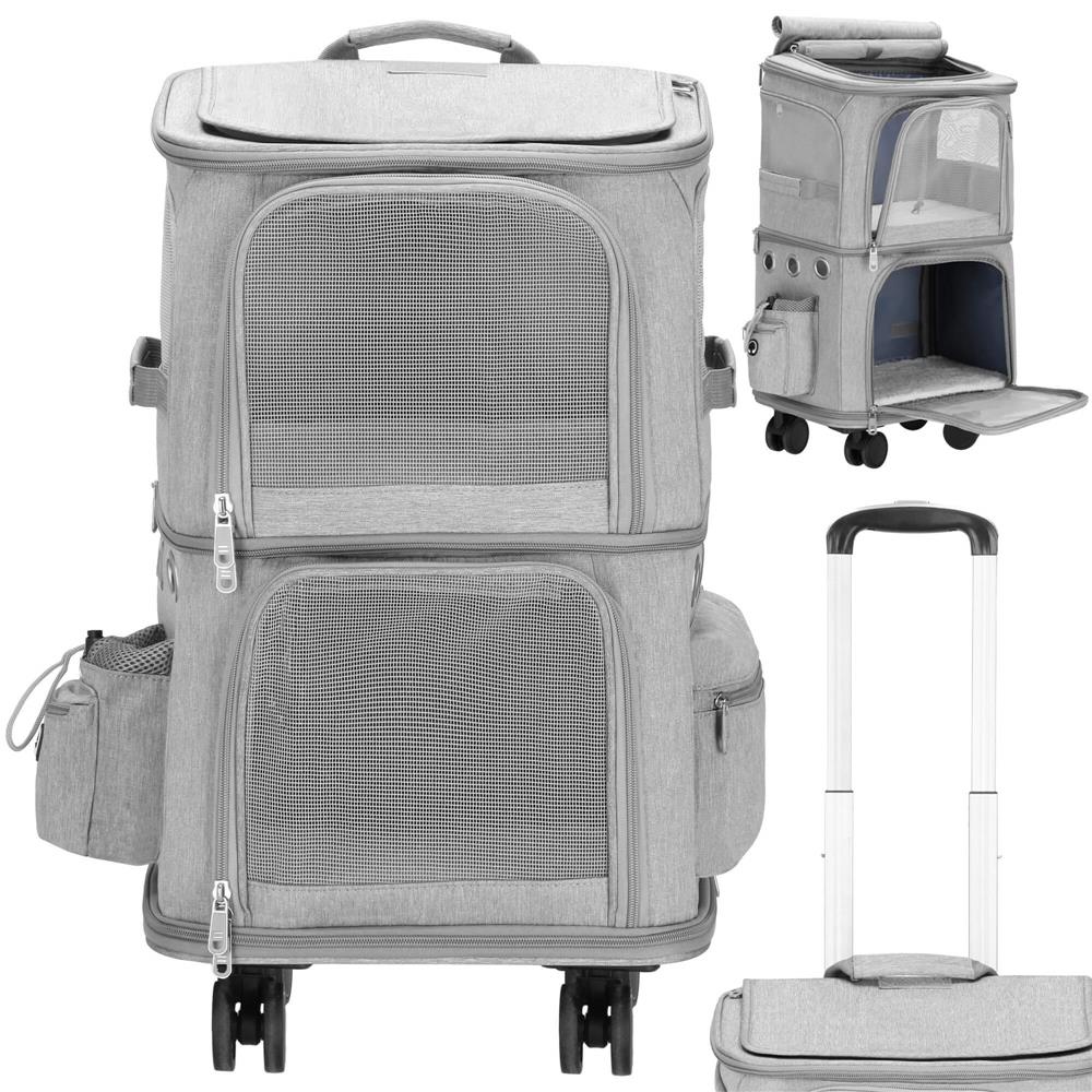 Carucior tip troller pentru transport animale, dublu cu 2 compartimente separate, maxim 22 kg, 55x34x26 cm, gri