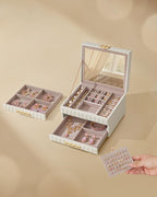 SONGMICS Cutie de bijuterii pe 3 nivele, cu oglinda si tavi detasabile, 22x24x16 cm, alb crem