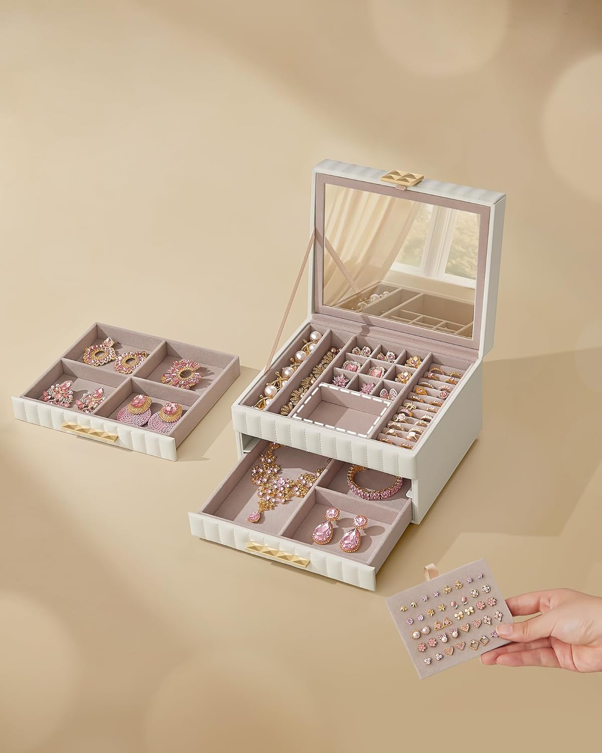 SONGMICS Cutie de bijuterii pe 3 nivele, cu oglinda si tavi detasabile, 22x24x16 cm, alb crem