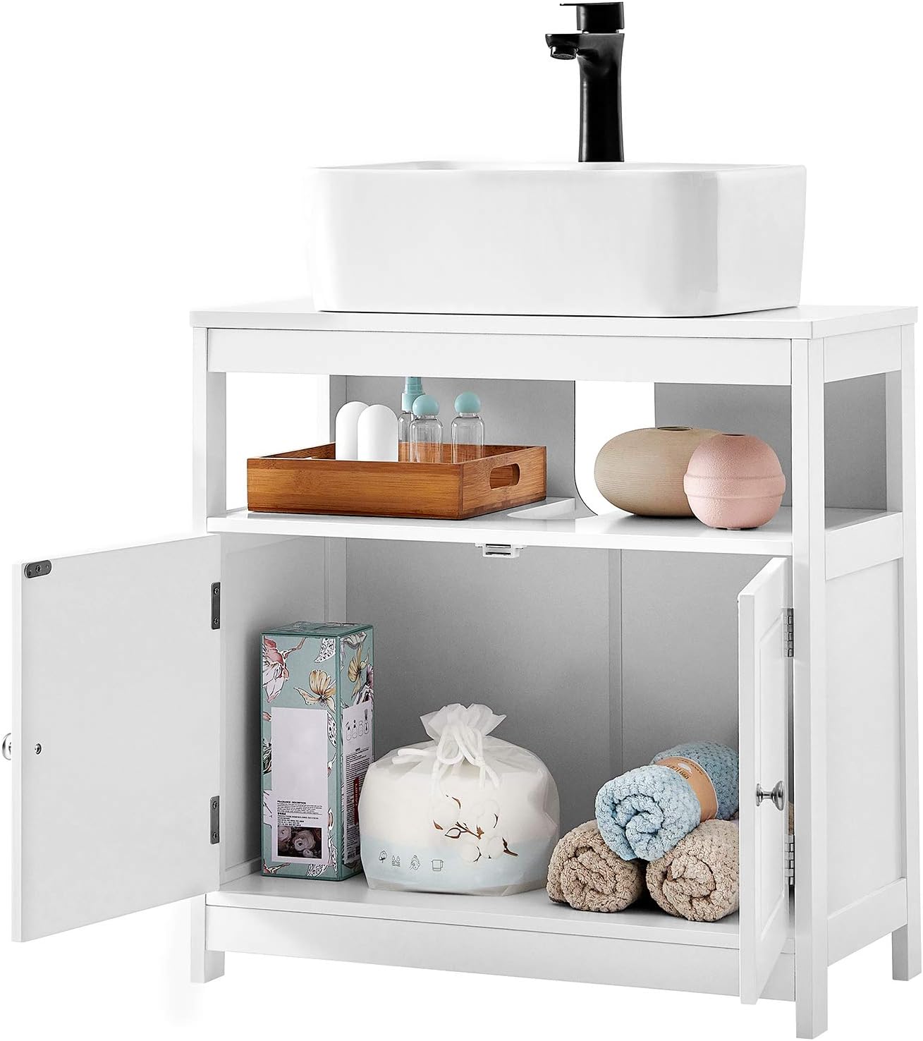 VASAGLE Dulap baie 60x30x60 cm, 2 usi, compartiment deschis, stil scandinav, alb mat