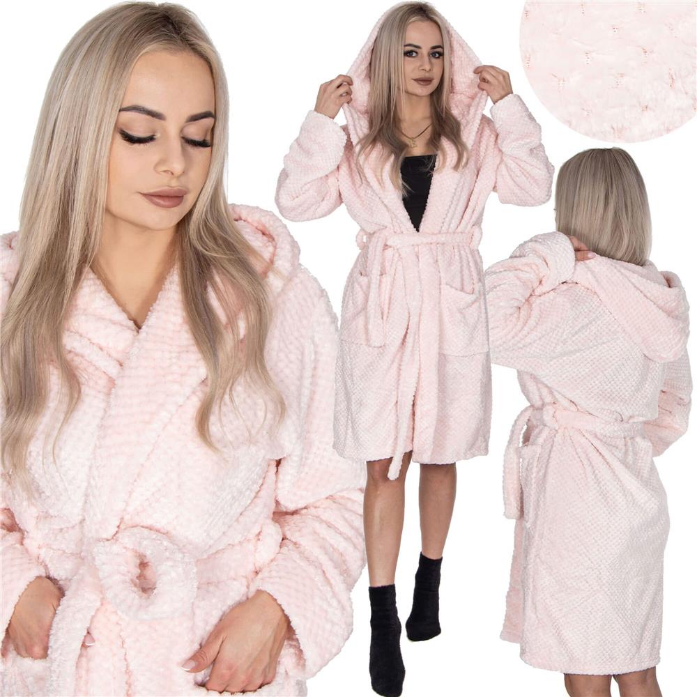 Halat de baie pentru femei pana la genunchi, cu gluga, marimea L/XL, roz