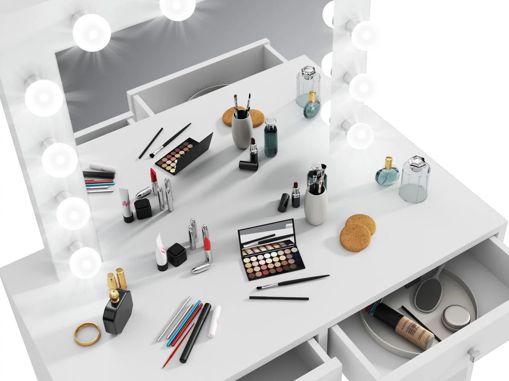 Masa de toaleta si machiaj Mega 12 LED, 100x50x144 cm, cu oglinda iluminata si 2 sertare, alb