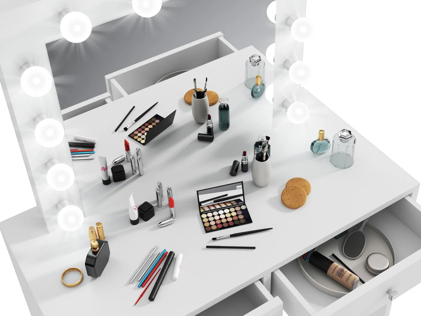 Masa de toaleta si machiaj Mega 12 LED, 100x50x144 cm, cu oglinda iluminata si 2 sertare, alb