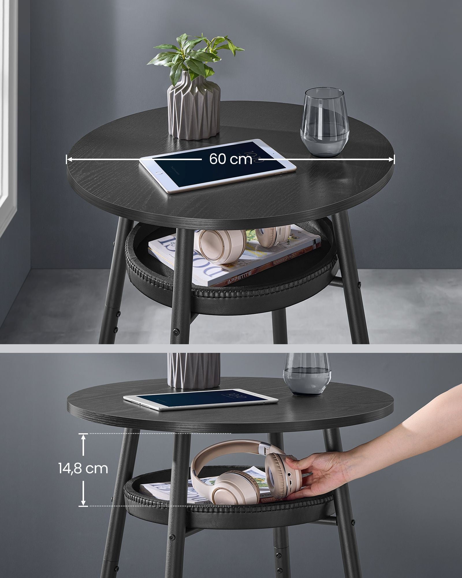 VASAGLE Masa de bar neagra, 70x70x91 cm – design elegant cu piele artificiala, blat 60 cm, stabila si usor de asamblat