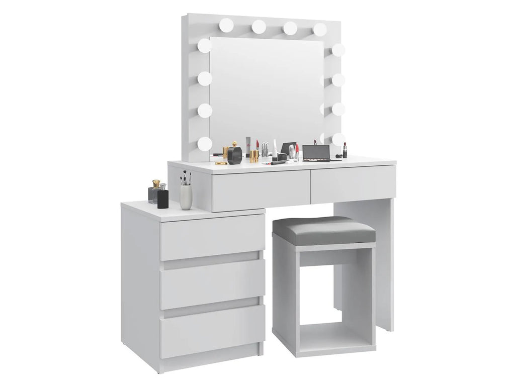 Masa de toaleta si machiaj Adele cu 5 sertare si oglinda 12 LED, 113x47x142 cm, alb