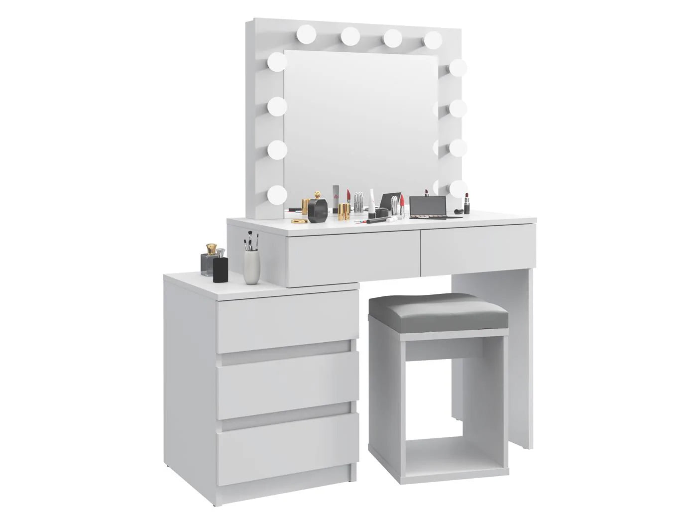 Masa de toaleta si machiaj Adele cu 5 sertare si oglinda 12 LED, 113x47x142 cm, alb