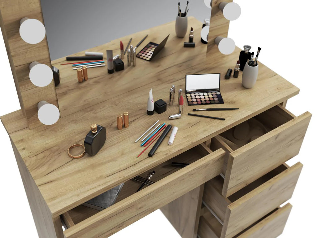 Masa de toaleta si machiaj Hollywood cu oglinda LED si 4 sertare, 94x43x140 cm, craft