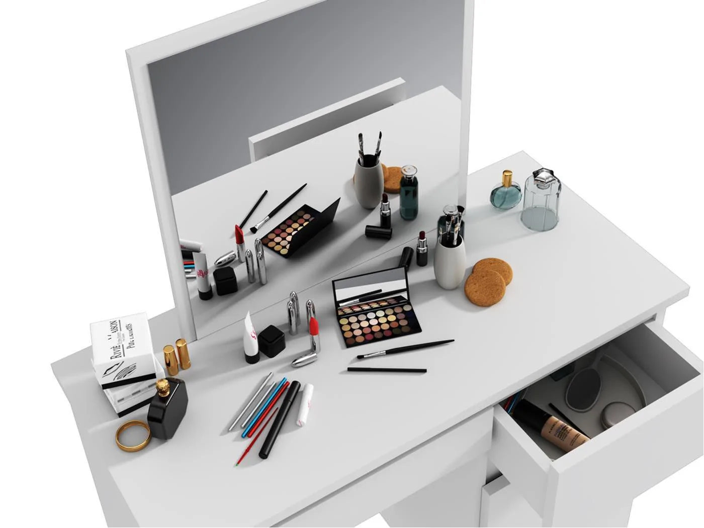 Masa de toaleta si machiaj Beta cu oglinda si 4 sertare, 94x43x130 cm, finisaj alb