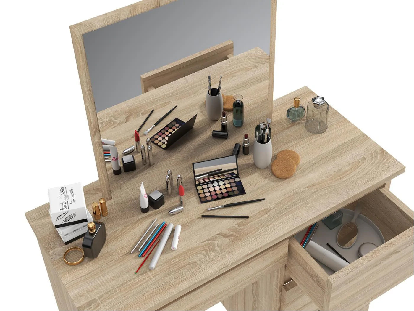 Masa de toaleta si machiaj Beta cu oglinda si 4 sertare, 94x43x130 cm, finisaj sonoma