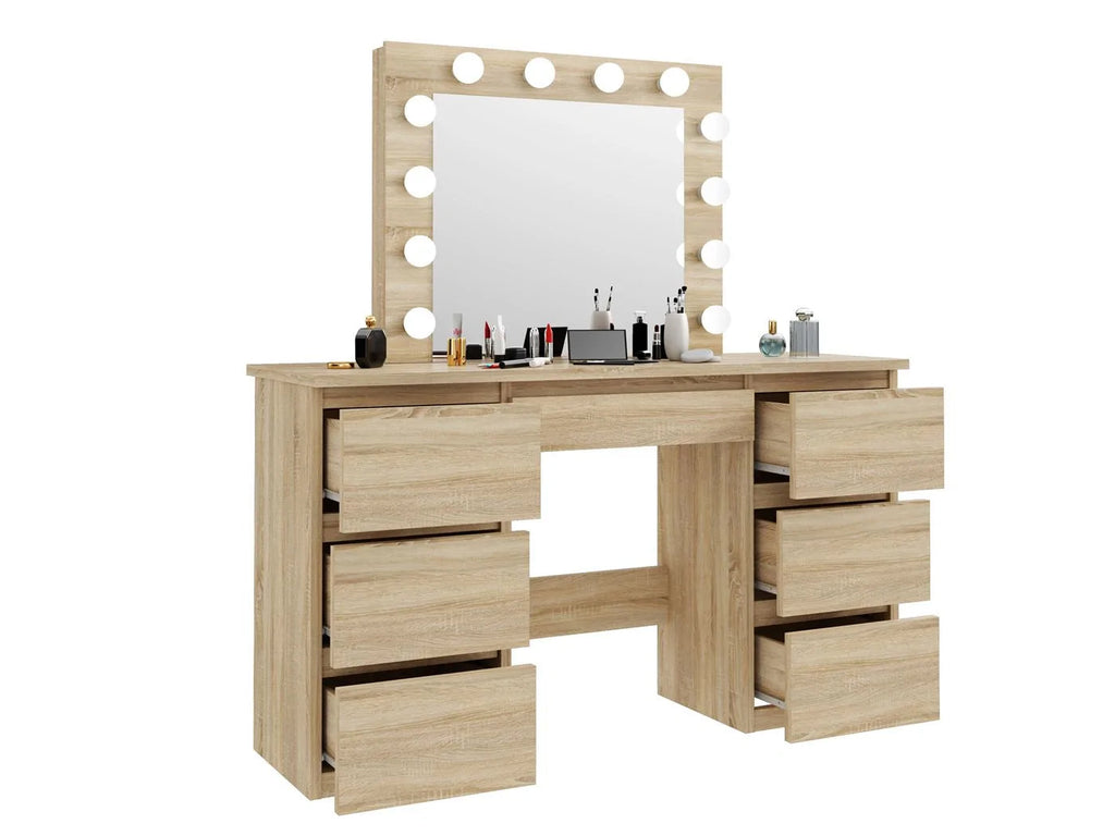 Masa de toaleta si machiaj cu oglinda LED si 7 sertare, 120x43x140 cm, sonoma