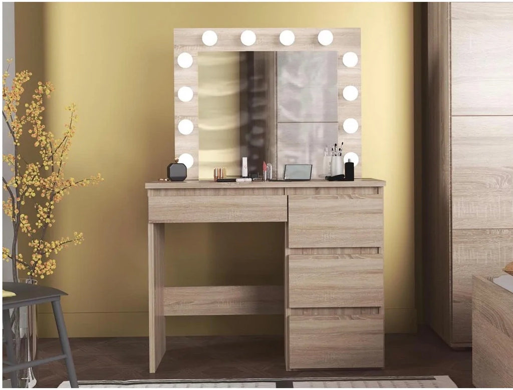 Masa de toaleta si machiaj Hollywood cu oglinda LED si 4 sertare, 94x43x140 cm, stejar