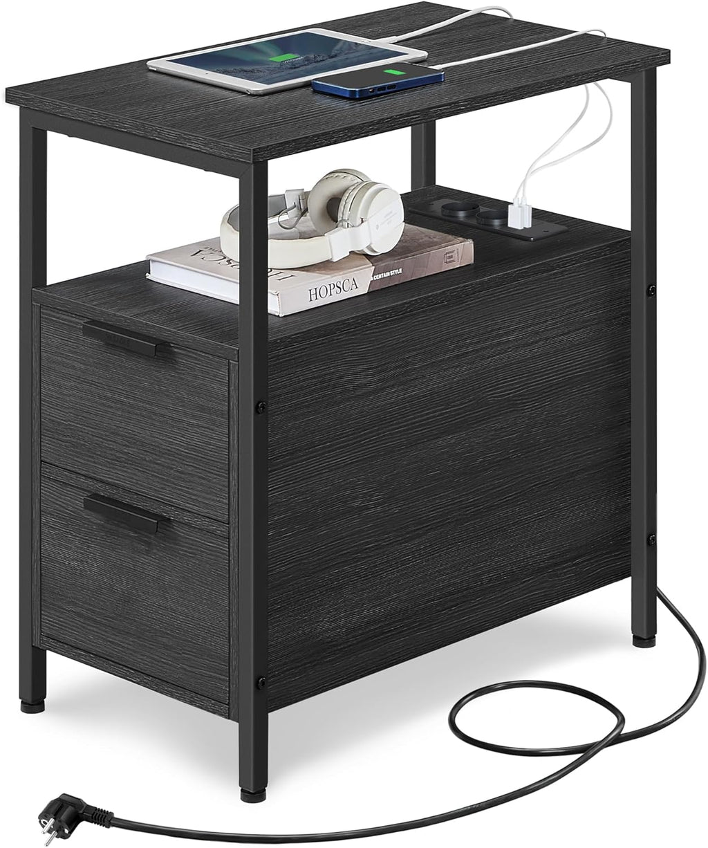 VASAGLE Noptiera 60x35x61 cm, cu 2 sertare, rafturi si priza incorporata, PAL si otel, gri antracit si negru