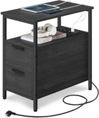 VASAGLE Noptiera 60x35x61 cm, cu 2 sertare, rafturi si priza incorporata, PAL si otel, gri antracit si negru