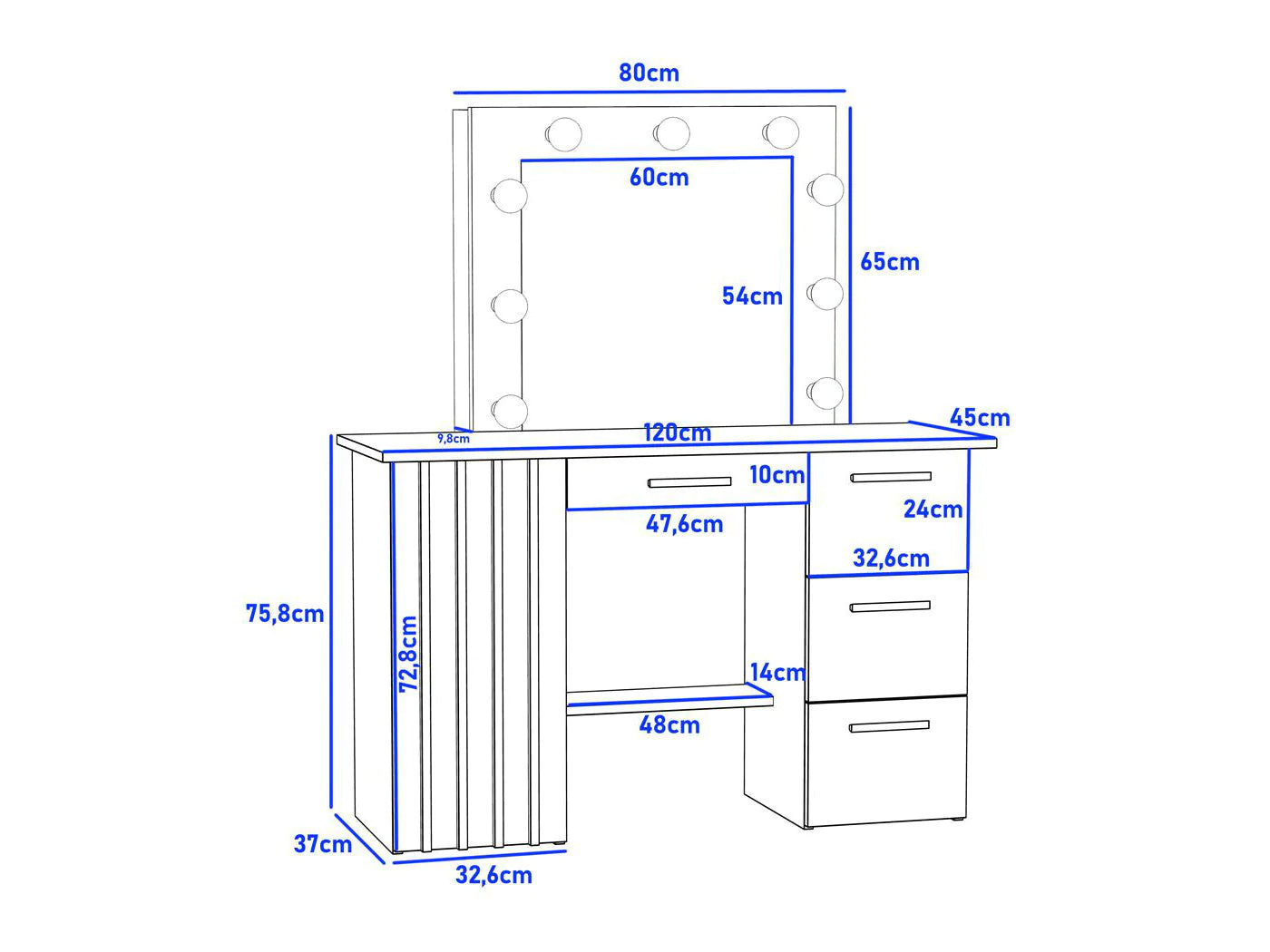 Masa de toaleta si machiaj suspendabila 120x45x140 cm cu oglinda LED si 4 sertare, craft si negru