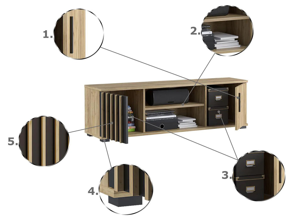 Comoda TV moderna 140x37 cm cu 2 usi si rafturi, finisaj craft cu negru