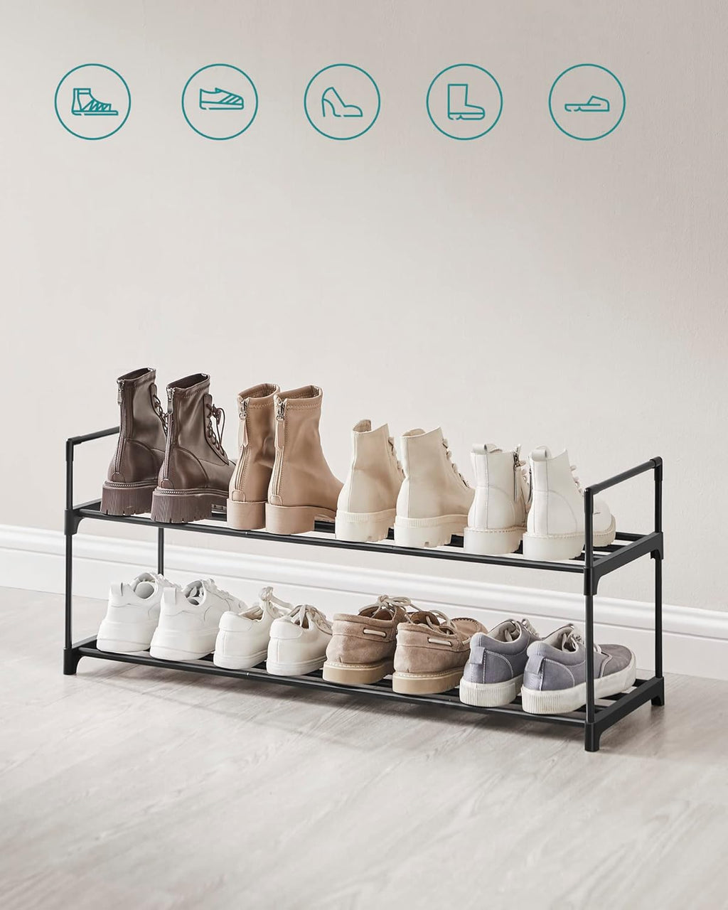 SONGMICS Suport pantofi 92x30x34 cm, 2 niveluri, suprapozabil, structura metalica, negru