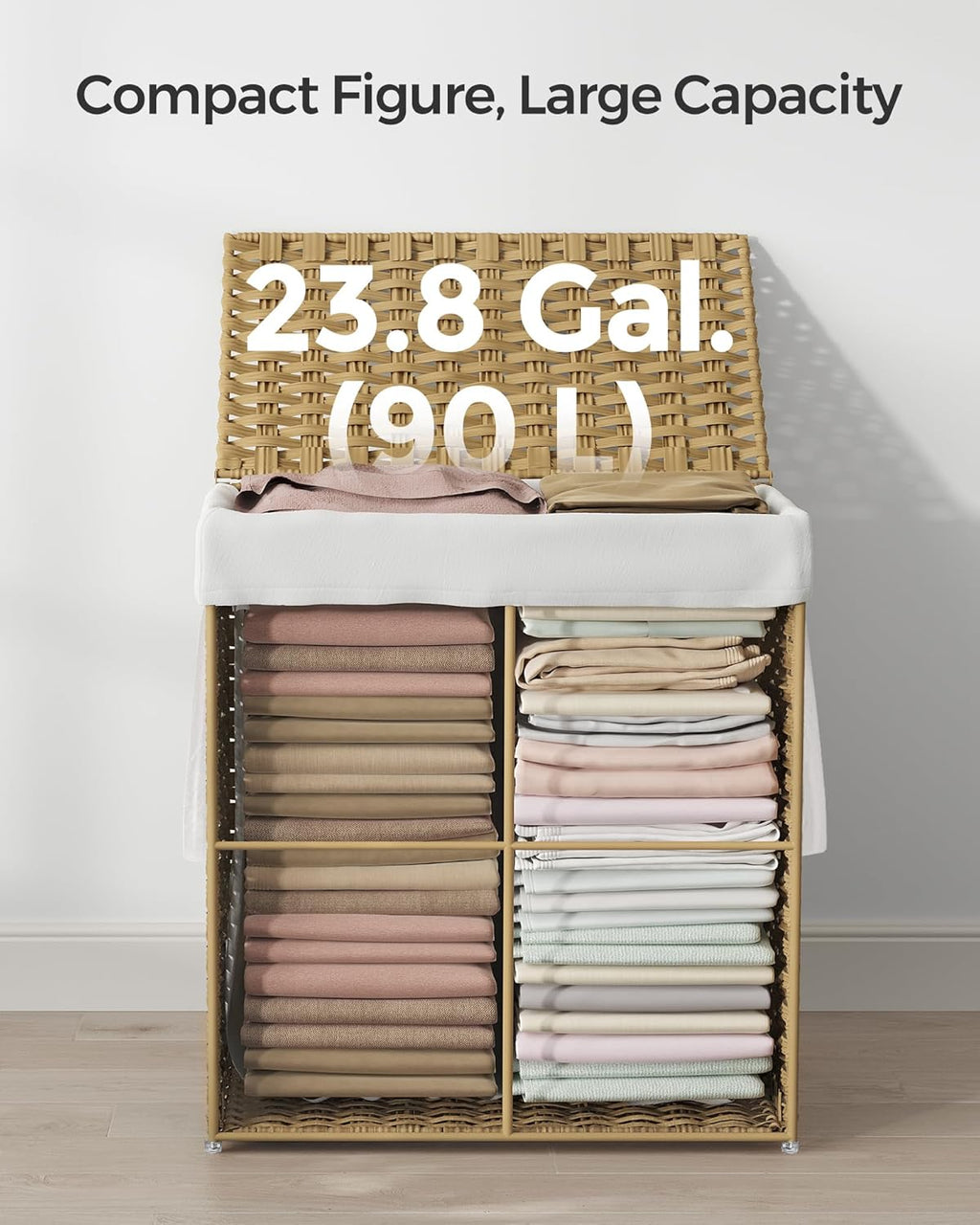 SONGMICS Cos rufe cu capac, ratan sintetic si sac detasabil, 90 L, 46x33x60 cm, natur