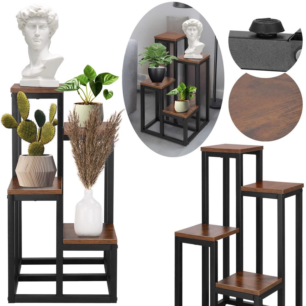 Stand pentru flori, cadru metalic, 4 etajere, 34x34x68 cm, maro inchis